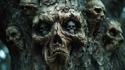 A chilling close-up of a gnarled tree, where sinister shadows unveil ghostly faces nestled in its bark.