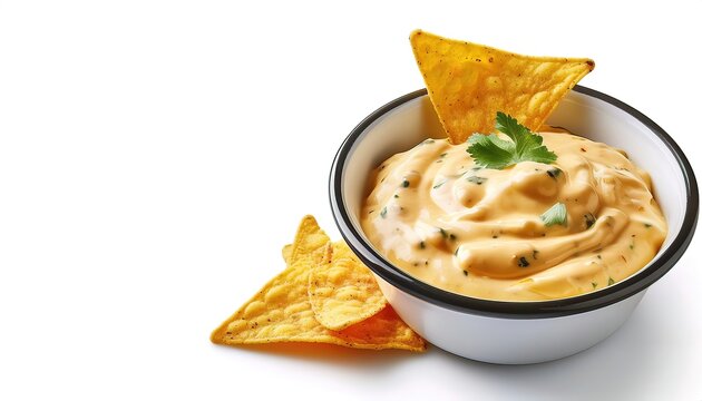 Chile con queso is an appetizer or side dish of melted cheese and chili peppers, typically served in Tex Mex restaurants as a dip for tortilla chips. Isolated on white background with copy space