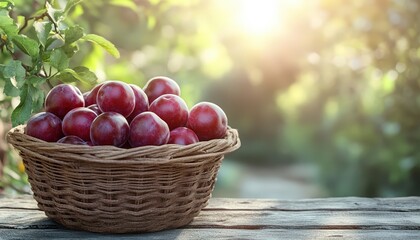 A basket of ripe plums, sitting on a rustic wooden table in a sun-drenched courtyard, minimalistic style with soft natural lighting, 3D render.