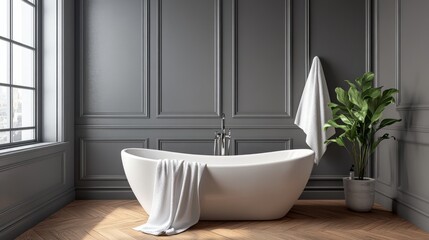 A classic bathroom with grey tones a wood floor and a freestanding white bathtub. A towel is hanging on the wall.