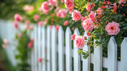 A beautiful white garden fence surrounds a blooming pink rose flower bush, beauty of nature in the summer and spring blossom, with lush green foliage and colorful flowers
