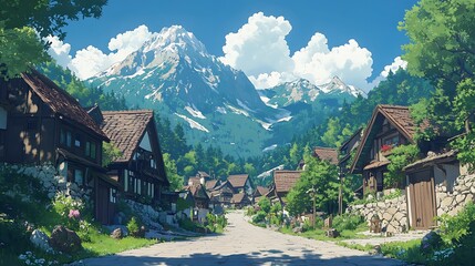 Cartoon Mountain Village with Snow capped Peak, Lush Trees, and Cobblestone Road