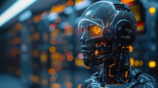 AI Mind. Futuristic Android With Glowing Head In Server Room, Advanced Technology, 3D Render