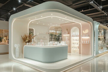 A white and pink room with a counter and shelves