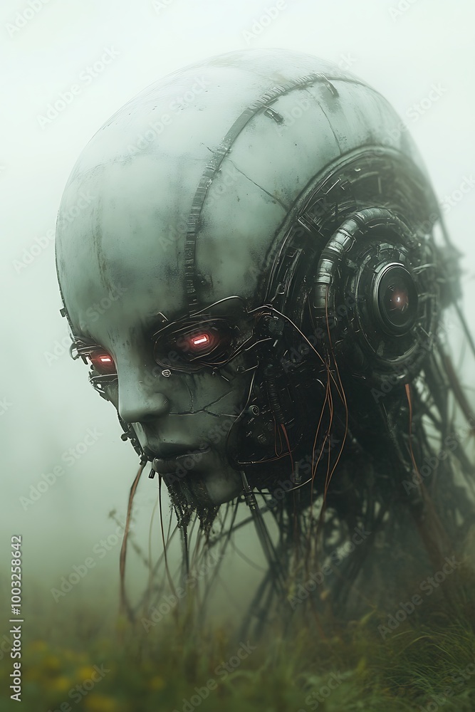 Poster cyberpunk robot with red eyes in foggy forest. artificial intelligence, future technology concept.