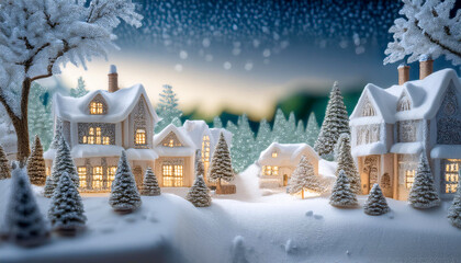The winter christmas village is a beautiful sight. The snow is falling gently and the lights