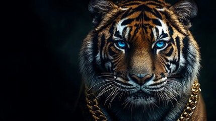 Fototapeta premium Stunning tiger with mesmerizing blue eyes adorned gold chain picture