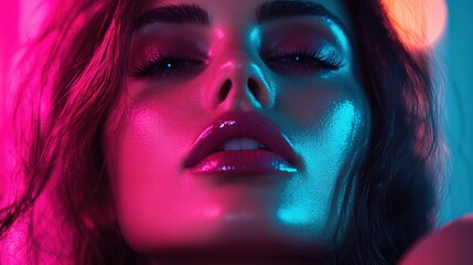 A powerful close-up showcases a woman's face against neon lighting, emphasizing her features and...