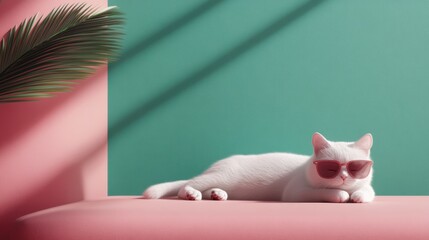 A fashionable white cat sporting trendy sunglasses lounges on a stylish pink surface, with green and pink backgrounds enhancing the contemporary aesthetic appeal.