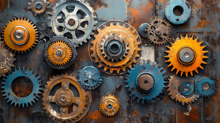 Industrial gears in a vintage mechanical background creating an intricate steampunk design with metallic textures and a sense of movement and engineering. Steampunk Invention. Illustration