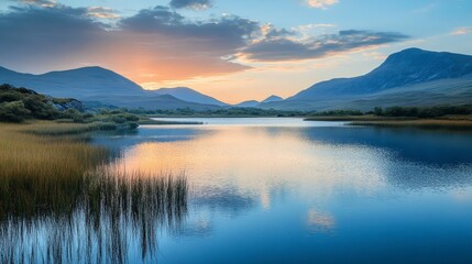 Obraz premium A beautiful lake with mountains in the background. The sky is a mix of blue and orange, creating a serene and peaceful atmosphere