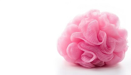Soft pink bath puff or sponge is a popular shower accessory used for cleaning ones skin in the shower as an alternative to a natural sponge or loofah isolated on white background with copy space