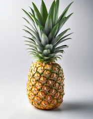 Obraz premium One whole pineapple with green leaves, stands out against the pure white background