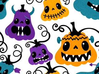 Halloween cute pumpkins seamless monsters pattern for wrapping paper and fabric