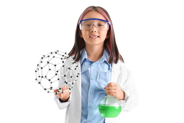 Cute little girl holding test tube with green liquid and molecular model on white background