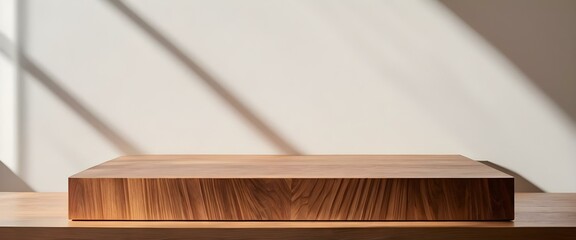 Empty minimal natural wooden table counter podium, beautiful wood grain in sunlight, shadow on white wall for luxury cosmetic, skincare, beauty treatment, decoration product display. AI generated 