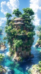 Fantasy House on a Floating Island with Lush Greenery and Blue Water