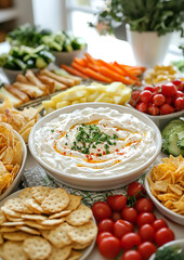 Fresh vegetable and dip platter with colorful ingredients on a table, ready for serving. AI-generated