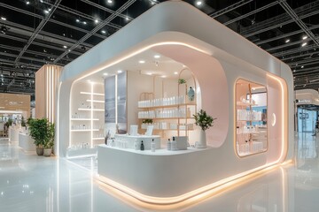 A white and pink room with a counter and shelves