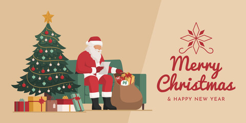 Santa Claus putting Christmas gifts in his sack