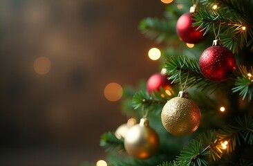 Obraz premium Christmas tree with decorations. Copy space.