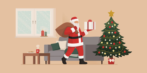 Santa Claus delivering Christmas gifts at home