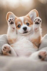 Cute and funny corgi puppy lies with his paws up