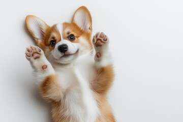 Obraz premium Cute and funny corgi puppy lies with his paws up