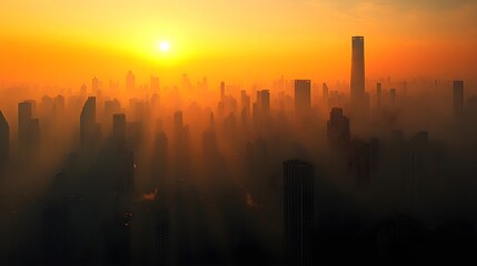 Fototapeta premium a city skyline at sunrise or sunset. The sun is low on the horizon, casting an orange and yellow glow across the sky and illuminating the tops of the buildings. The city is shrouded in a layer of mist