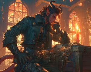 male tiefling pondering over a treasure chest in a candlelit room