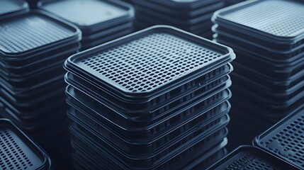 stacks of rectangular trays with a grid-like pattern on their surfaces. These trays are dark in color, possibly black or dark gray, and are stacked neatly on top of each other