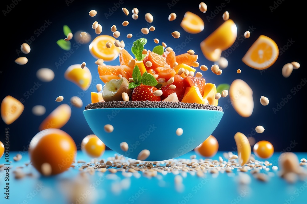 Poster 3D digital model of a smoothie bowl, with detailed fruits, seeds, and textures fully animated in a dynamic, interactive digital setting