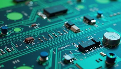 Fototapeta premium Digital art 3D illustrated Printed Circuit Board on an abstract blue-green backdrop