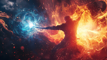 Fototapeta premium Powerful wizard, glowing with magical energy, unleashes a devastating spell in a close-up battle scene. Wizard's Duel. Illustration