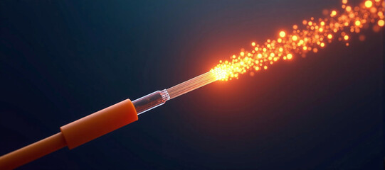 Fototapeta premium Luminous optical fiber cable for connection and data transmission at the speed of light, increasing data rates and data throughput