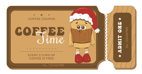 A discount coupon for coffee with a funny Christmas character. The mascot of vintage-style coffee, the groove. Design for a cafe, bar, restaurant. 