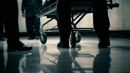 Fototapeta premium dark, moody photograph taken from a low angle, focusing on the lower part of a wheeled cart or stretcher and a person's legs. 