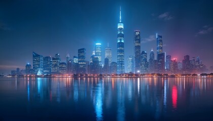 Obraz premium Modern skyline with illuminated skyscrapers reflecting off a calm surface in a digital landscape. Premium light background for technology wallpaper.
