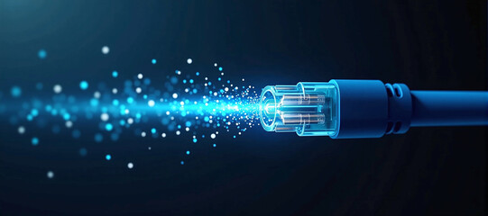 Luminous optical fiber cable for connection and data transmission at the speed of light, increasing data rates and data throughput