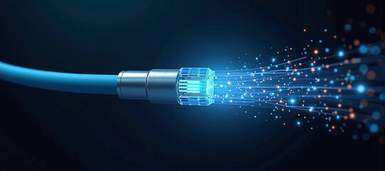 Luminous optical fiber cable for connection and data transmission at the speed of light, increasing data rates and data throughput