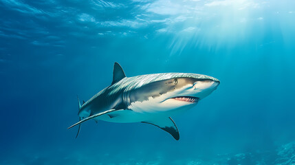 Fototapeta premium Tiger shark swimming majestically sea showcasing strength grace ocean depths. Ocean Depths. Illustration