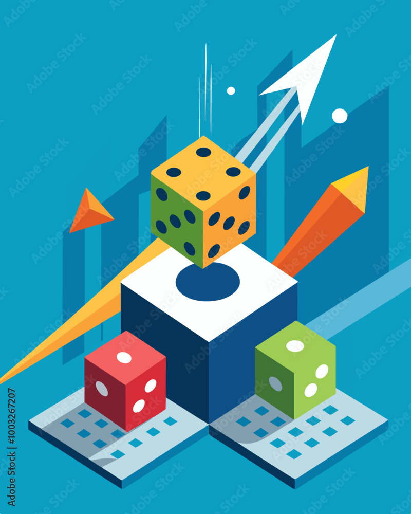 Poster a pair of dice being thrown onto a game board with various investment options symbolizing the gamble