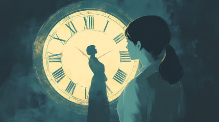 Time seems to stretch and warp as the woman stands in front of the clock, a spectral figure hovering behind her, whispering secrets of the future. Time Warp. Illustration