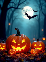 An autumn night with a full moon and a bat flying, illuminated halloween pumpkin