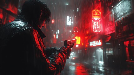 Obraz premium Cyberpunk City, Man with Gun in Neon Lit Rain Street