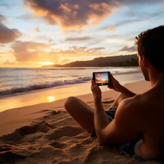 Closeup of a Man Sitting on the Beach at Sunset and Taking a Pictures of the Sea with his Phone