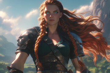 Obraz premium human warrior in armor stands boldly under the sun her long braided red hair flowing in the breeze