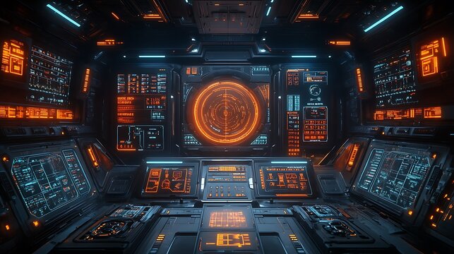 Futuristic spaceship interior with glowing control panels and monitors