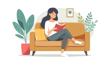 woman reading a book on a sofa, flat design, isolated on white background