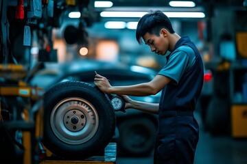 Mechanic checking tire pressure in auto repair shop, professional technician measuring air levels, auto maintenance concept